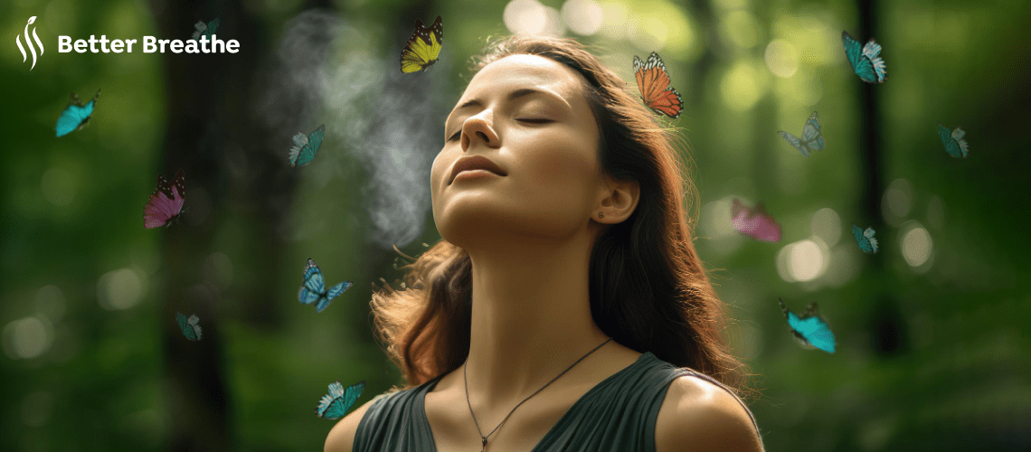 Woman  performing deep breathing exercises with colorful butterflies